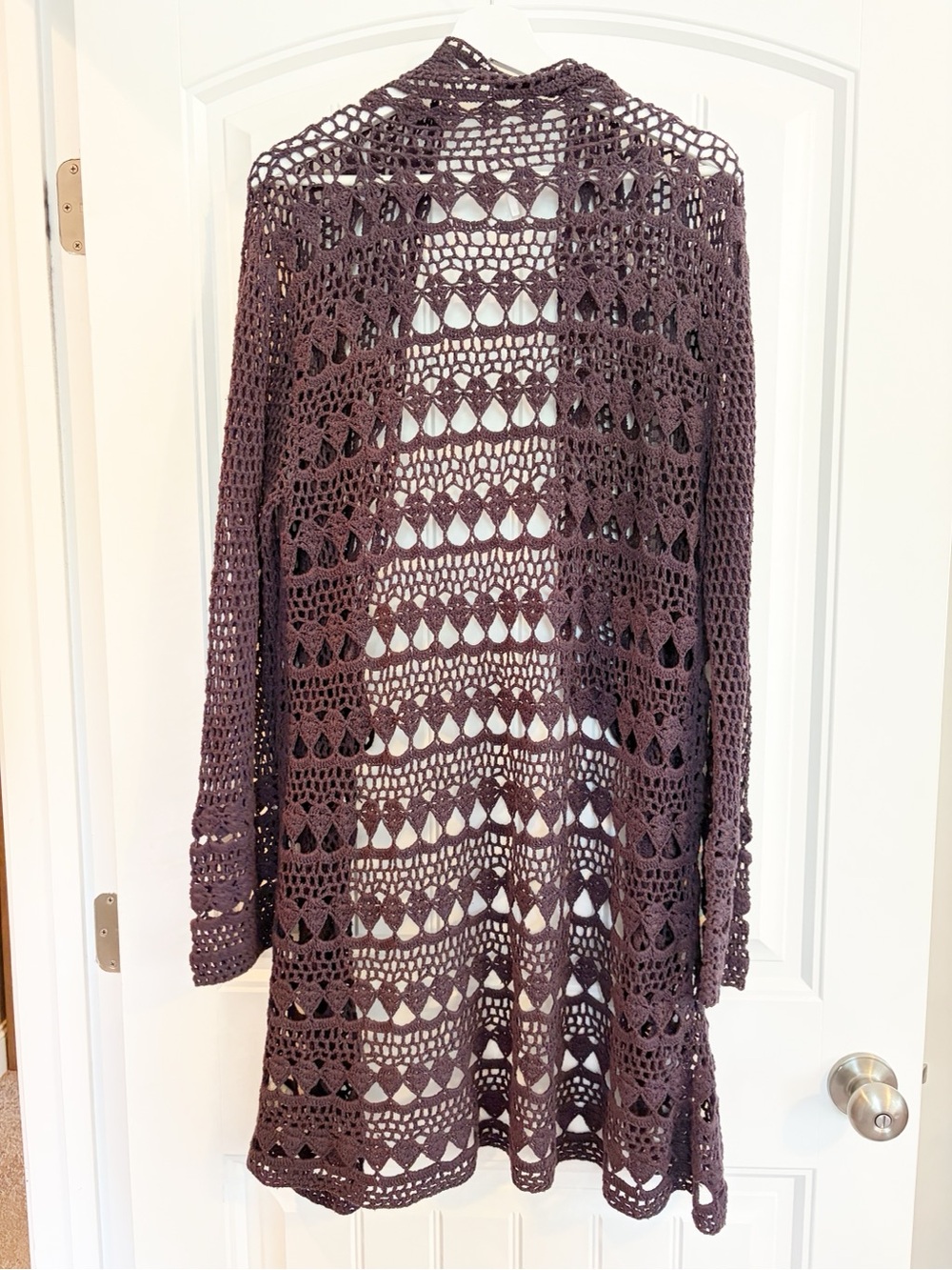 Free People Open Crochet Long Cardigan in Deep Plum